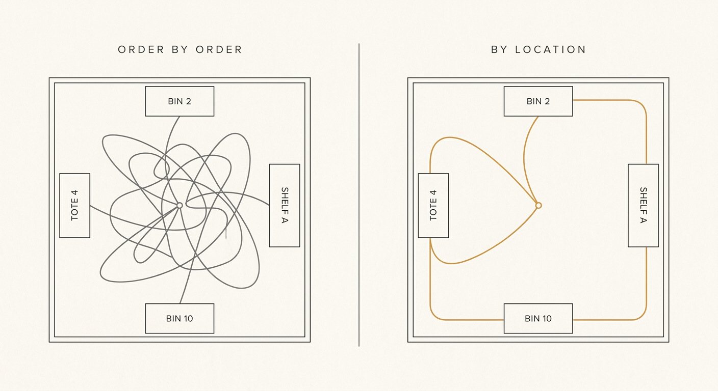Two floor plans compared: picking order by order traces a tangled path that crosses itself many times, while picking by location traces one clean loop