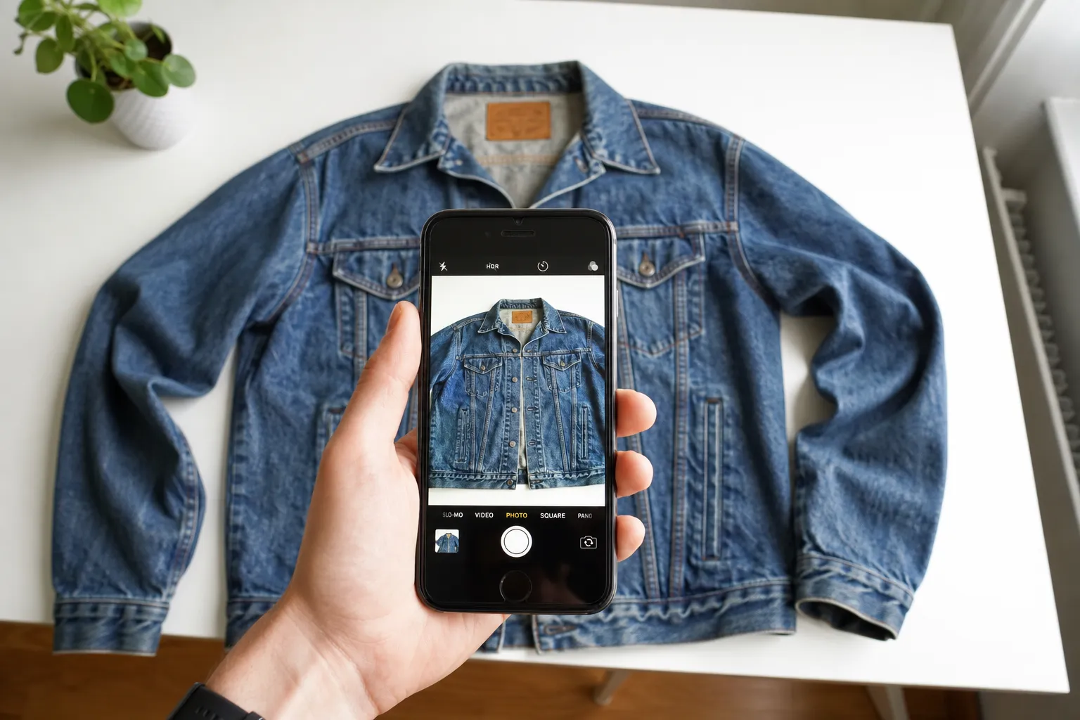Reseller photographing a vintage jacket with a smartphone for eBay listing