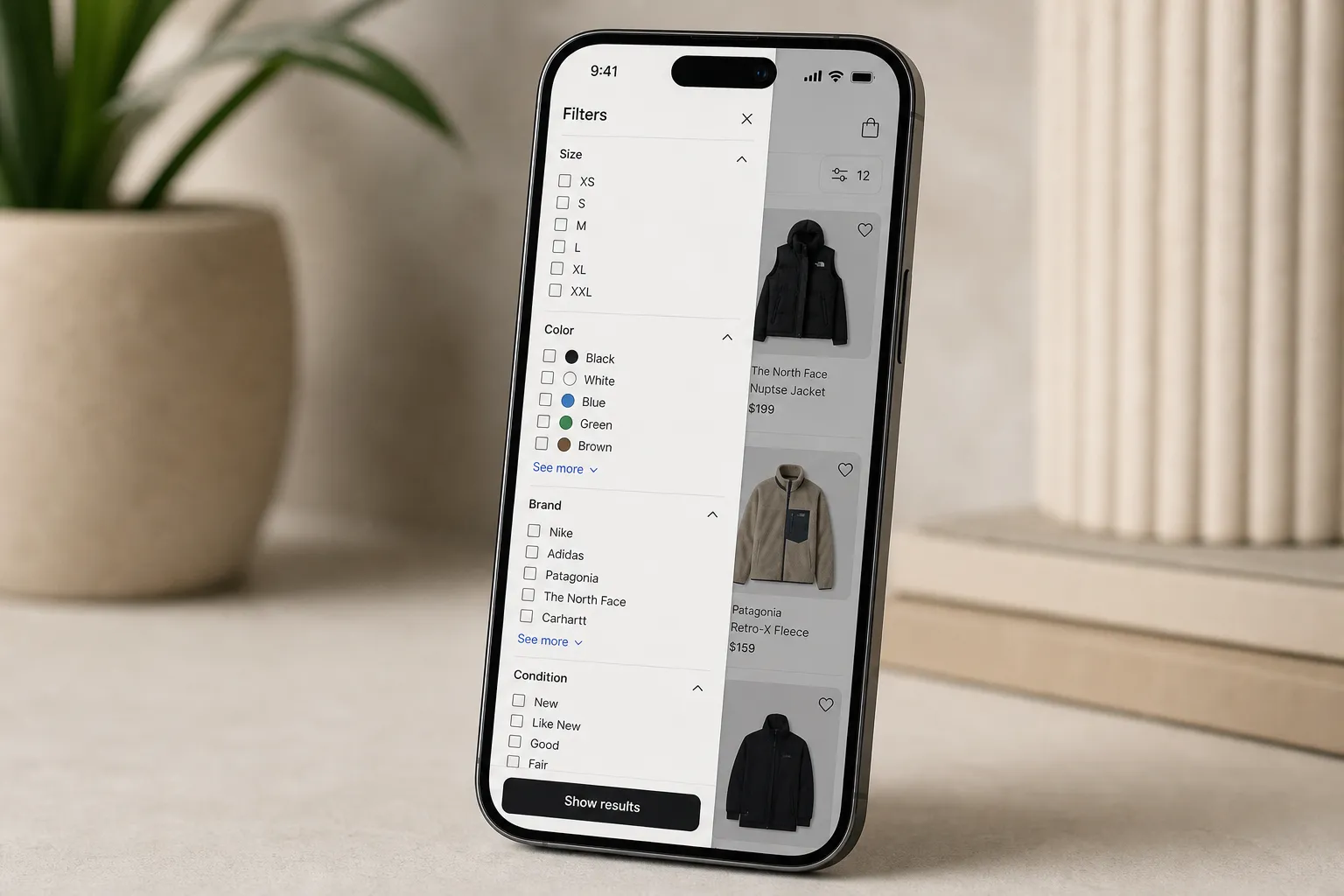 Smartphone showing marketplace search filter sidebar with Size, Color, and Brand options