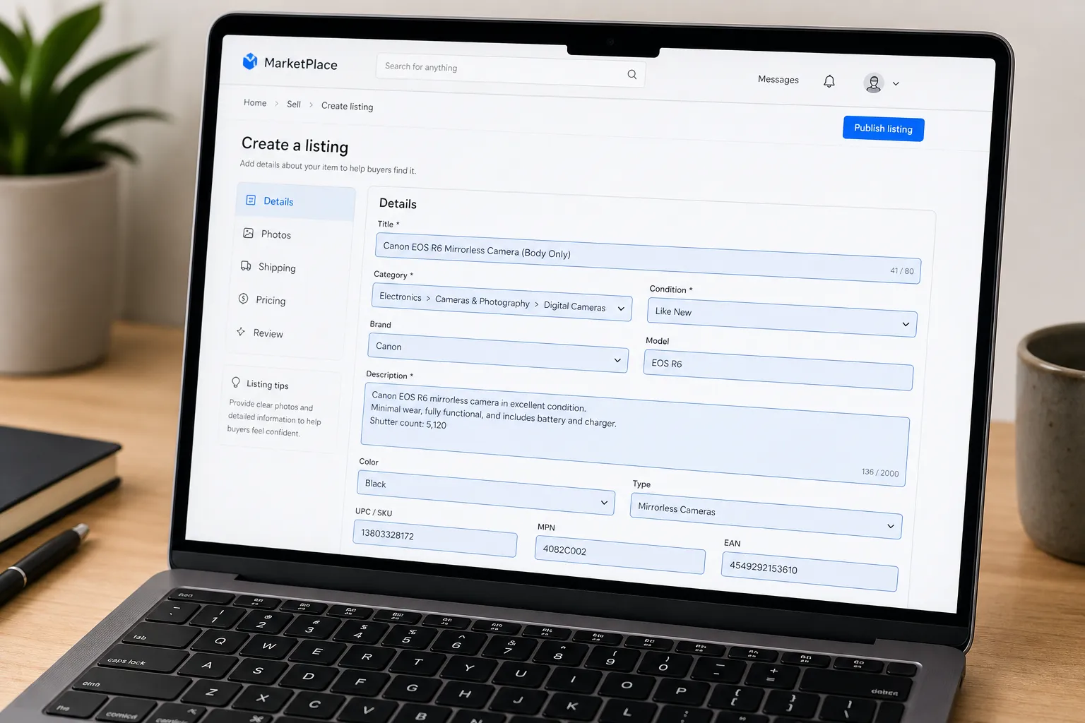 Online marketplace listing form with item specifics fields highlighted