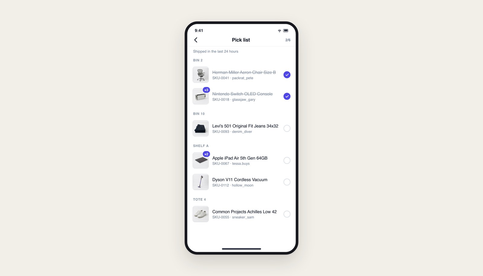 The ListForge pick list on an iPhone: sold items grouped into shelf stops labelled Bin 2, Bin 10, Shelf A and Tote 4, with quantity badges on multi-quantity pulls and two rows already checked off