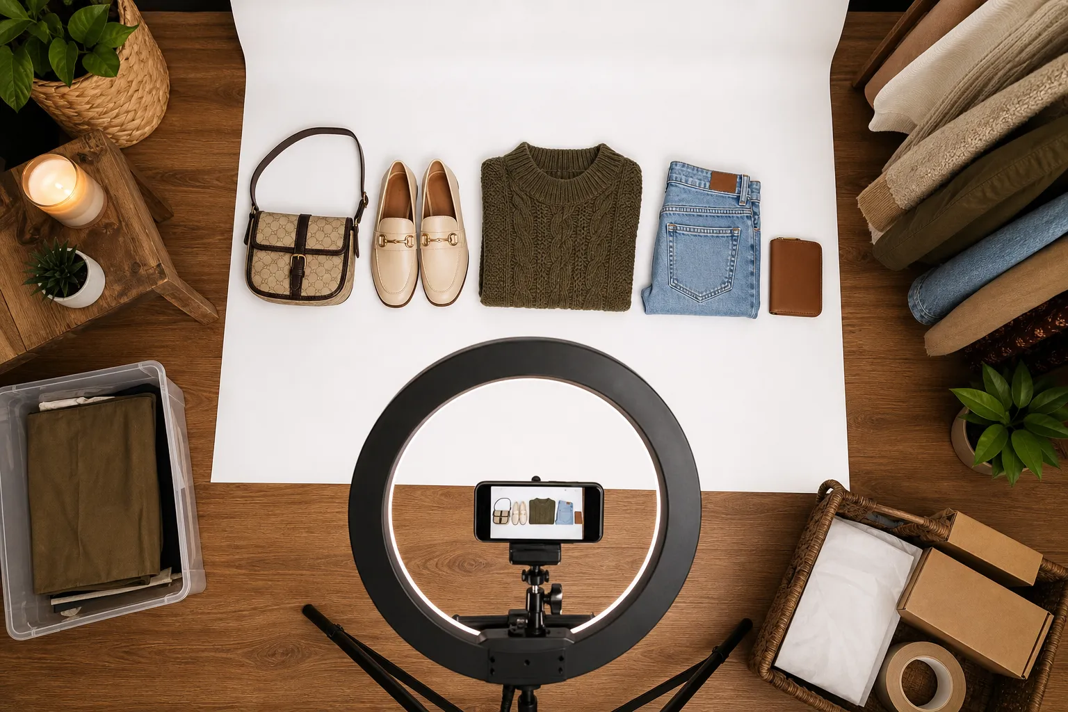 Reseller photography station setup with items ready for batch photographing