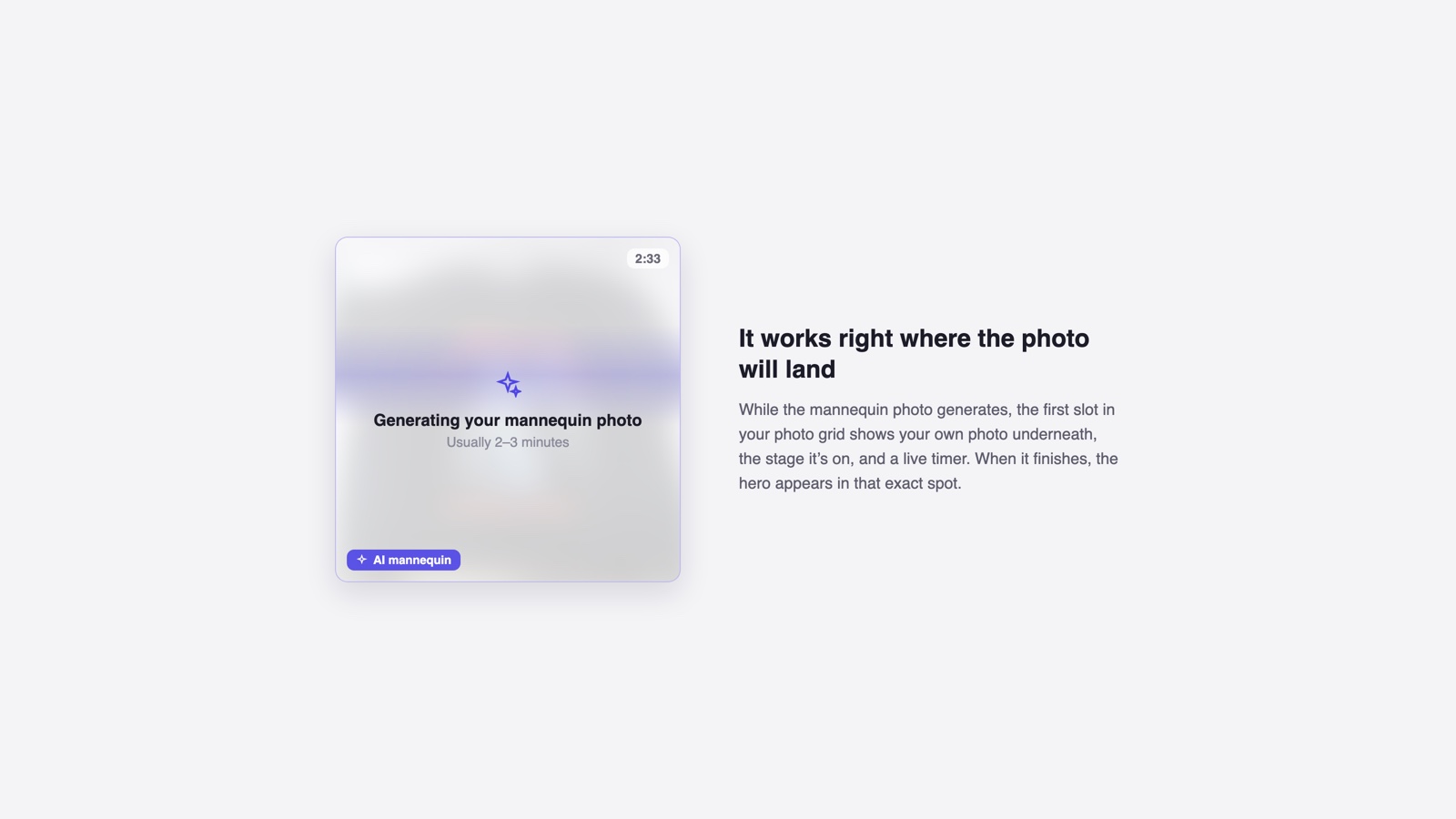 The in-grid generating tile ListForge shows while a mannequin photo is being created, with a progress stage, live timer, and AI mannequin badge