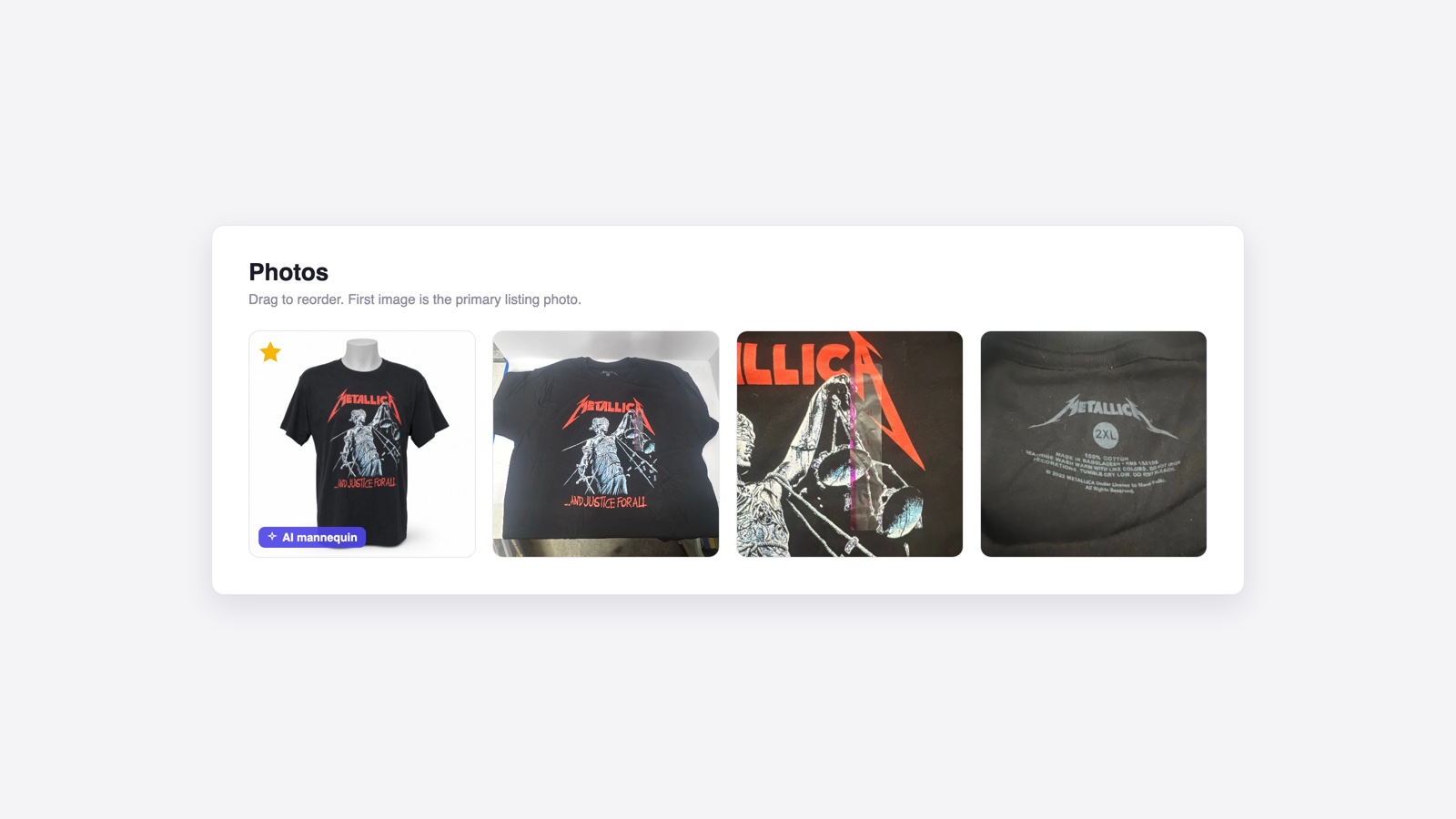 The ListForge Photos grid with the AI mannequin photo in the first slot marked as the primary listing photo, followed by the seller's own photos of the same shirt